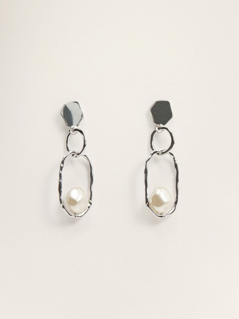

MANGO Steel-Toned & Off-White Beaded Geometric Drop Earrings