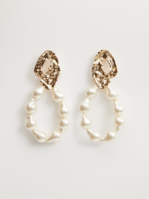 

MANGO Gold-Toned & Off-White Textured Beaded Oval Drop Earrings