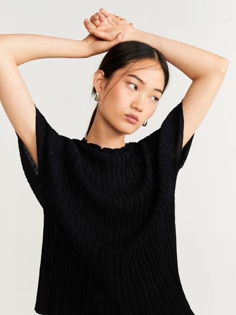 

MANGO Women Black Solid Pleated Top