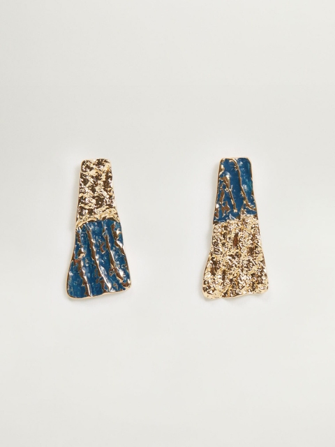 

MANGO Gold-Toned & Navy Blue Textured Enamelled Contemporary Drop Earrings