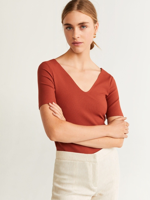 

MANGO Women Rust Orange Self-Striped Top