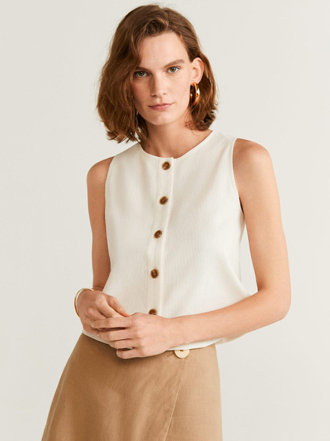 

MANGO Women Off-White Self Checked Boxy Top