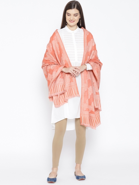 

WEAVERS VILLA Women Coral Orange & Off-White Woven Design Shawl