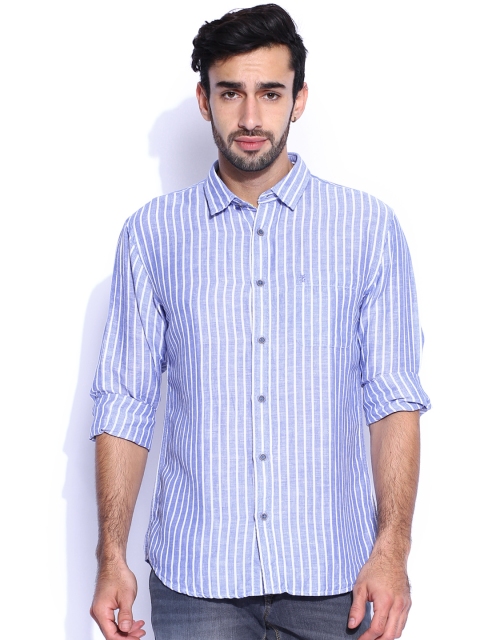 

IZOD Blue Linen Striped Casual Slim Shirt