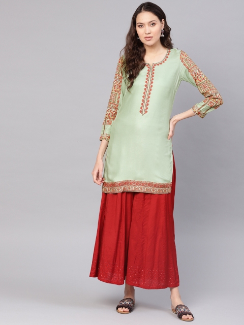 

Biba Women Mint Green & Red Yoke Design Straight Kurta