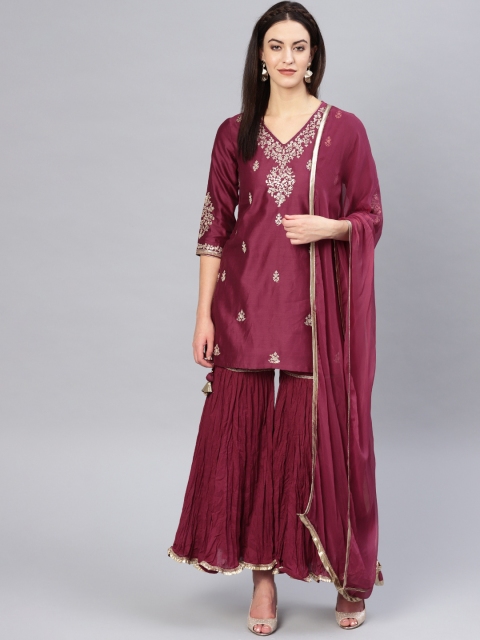 

Biba Women Maroon & Golden Embroidered Kurta with Sharara & Dupatta