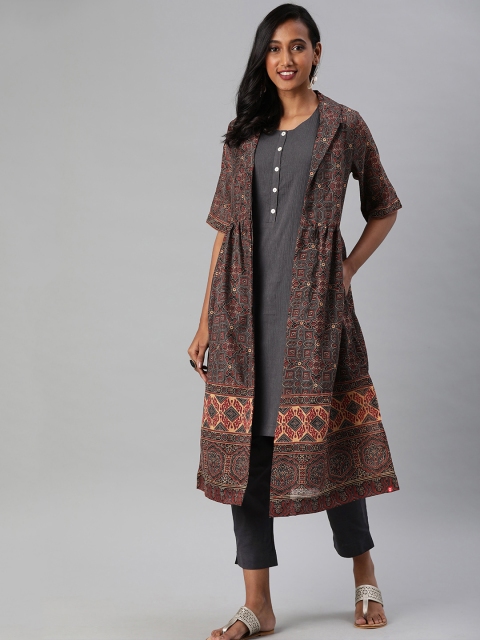 

Biba Women Grey & Black Solid Kurta with Trousers