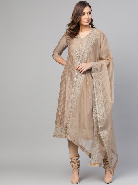 

Biba Women Beige Embroidered Kurta with Churidar & Dupatta