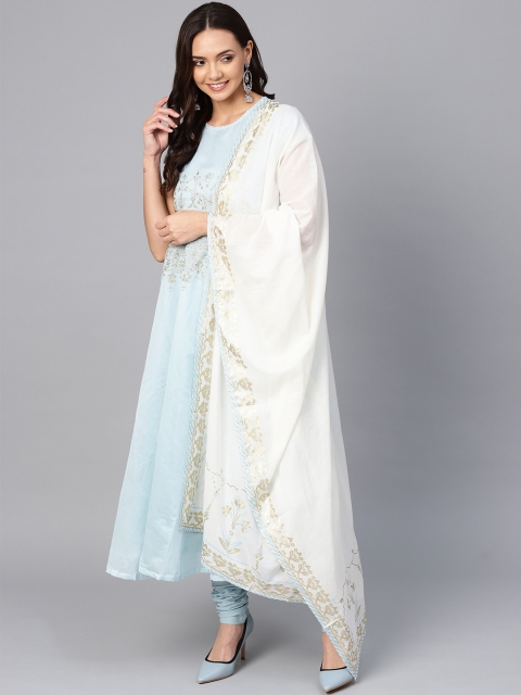 

Biba Women Blue & Off-white Embroidered Detail Kurta with Churidar & Dupatta