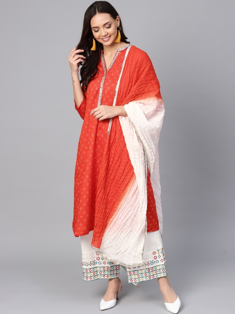 

Biba Women Red & White Bandhani Printed Kurta with Palazzos & Dupatta