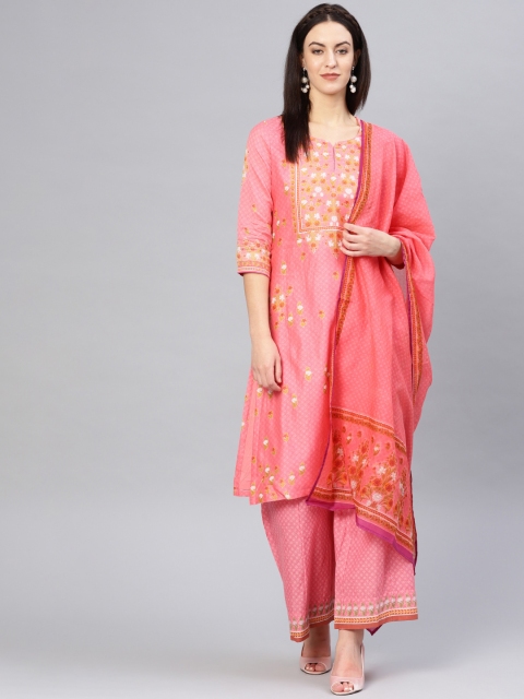 

Biba Women Coral Pink & Off-White Printed Kurta with Palazzos & Dupatta