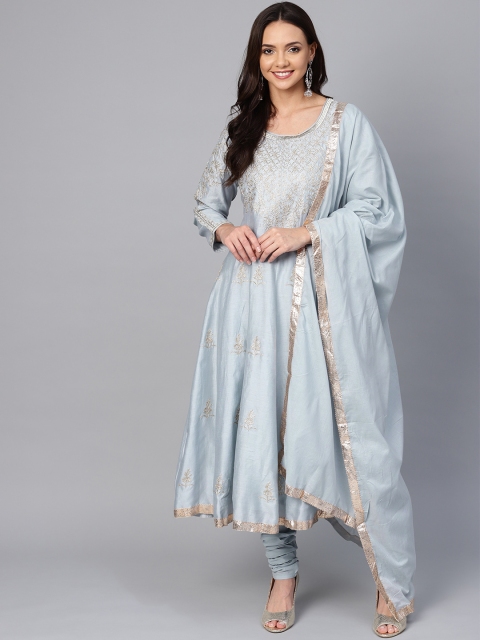 

Biba Women Blue & Golden Embroidered Kurta with Churidar & Dupatta
