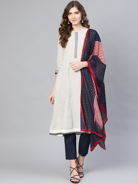 

Biba Women Off-White & Navy Blue Checked Kurta with Trousers & Dupatta