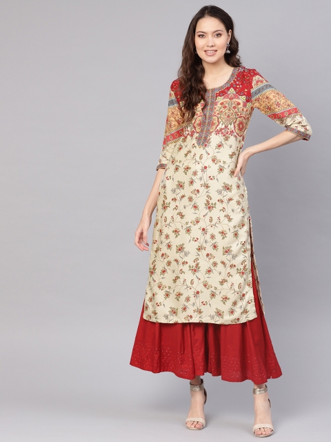 

Biba Women Cream-Coloured & Red Printed Straight Kurta