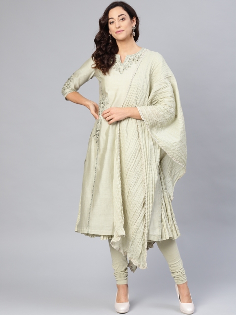 

Biba Women Light Green Embroidered Kurta with Churidar & Dupatta