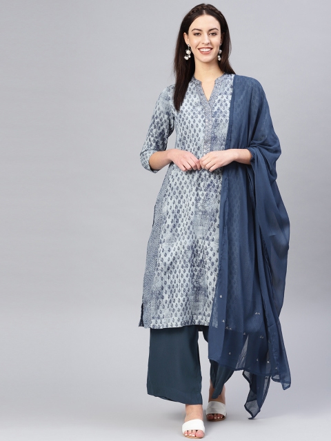 

Biba Women Grey & Navy Blue Chambray Printed Kurta with Palazzos & Dupatta