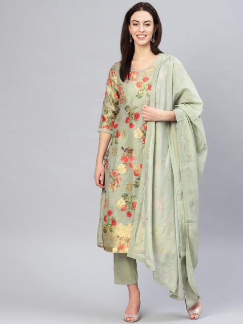 

Biba Women Green & Red Printed Kurta with Trousers & Dupatta