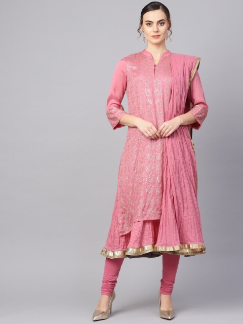 

Biba Women Pink & Golden Embellished Layered Kurta with Churidar & Dupatta