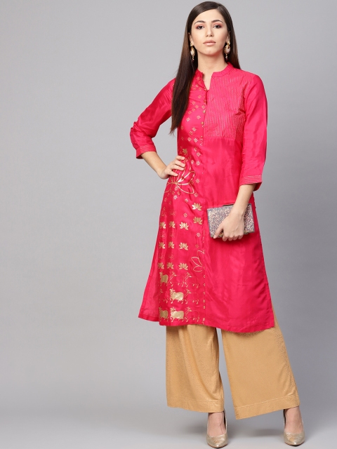 

Biba Women Pink & Golden Floral Foil Print Straight Kurta