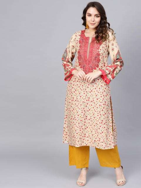 

Biba Women Cream-Coloured & Red Printed Straight Kurta