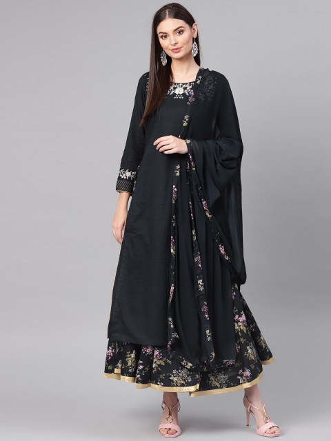 

Biba Women Charcoal & Green Yoke Design Kurta with Skirt & Dupatta