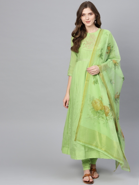 

Biba Women Green Yoke Design Kurta with Churidar & Dupatta