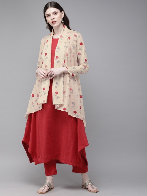 

Biba Women Cream-Coloured & Red Printed Kurta with Trousers