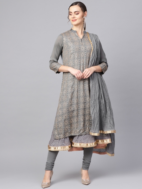 

Biba Women Grey & Golden Embellished Kurta with Churidar & Dupatta