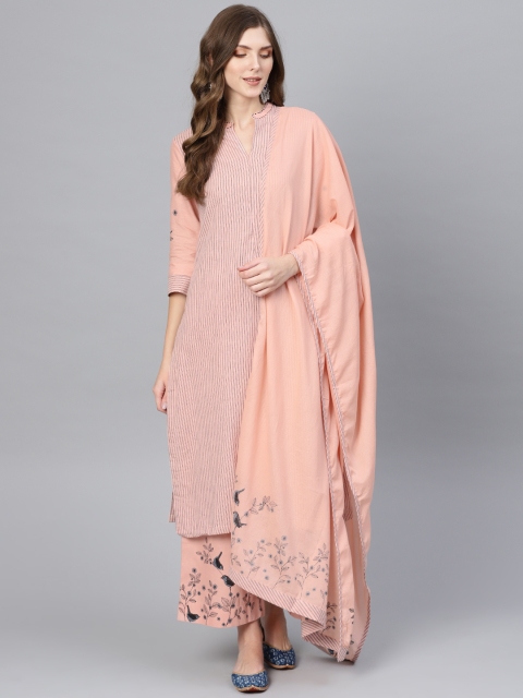 

Biba Women Peach-Coloured & Black Striped Kurta with Palazzos & Dupatta