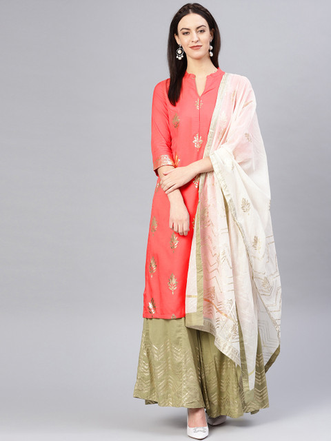 

Biba Women Orange & Green Printed Kurta with Palazzos & Dupatta