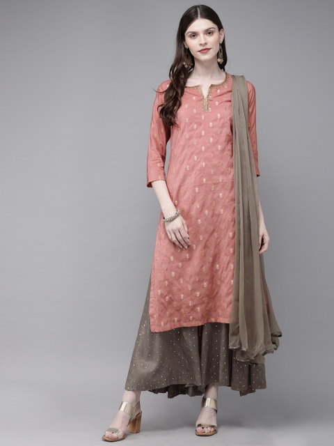 

Biba Women Pink & Grey Woven Design Kurta with Palazzos & Dupatta