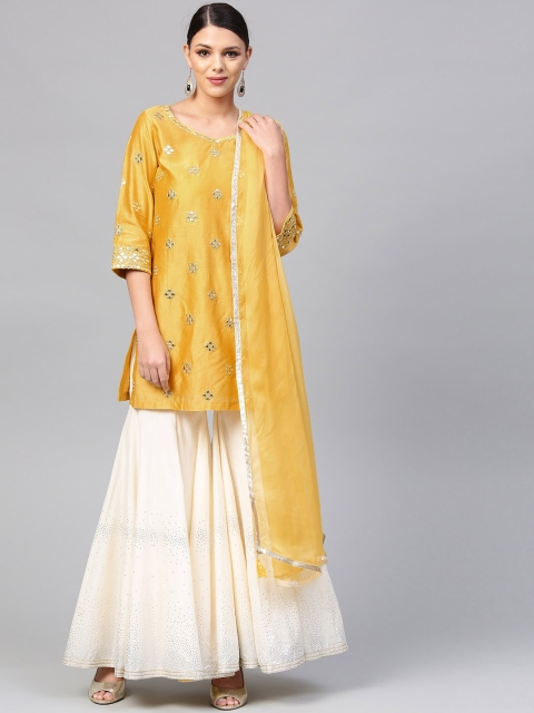 

Biba Women Mustard Yellow & Cream-Coloured Embroidered Kurti with Sharara & Dupatta