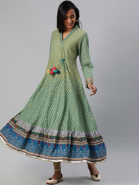 

Biba Women Green & Blue Printed Embellished Anarkali Kurta