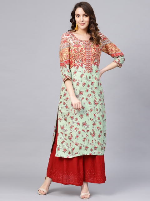 

Biba Women Sea Green & Red Printed Straight Kurta