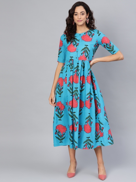 

Myshka Women Blue & Pink Floral Printed A-Line Dress