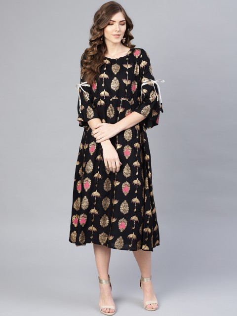 

Myshka Women Black & Golden Umbrella Printed A-Line Dress