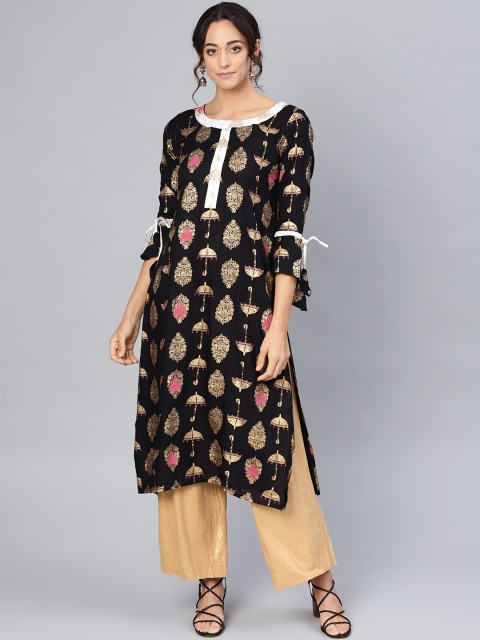 

Myshka Women Black & Golden Printed Straight Kurta