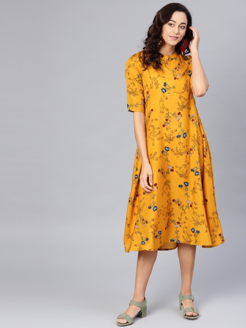 

Myshka Women Mustard Yellow & Black Floral Print A-Line Dress