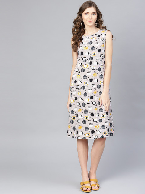 

Myshka Women Grey & Black Conversational Printed A-Line Dress