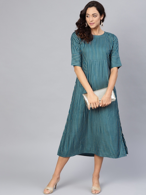 

Myshka Women Teal Blue & Golden Striped A-Line Dress