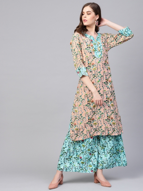 

Myshka Women Peach-Coloured & Blue Printed Kurta with Palazzos