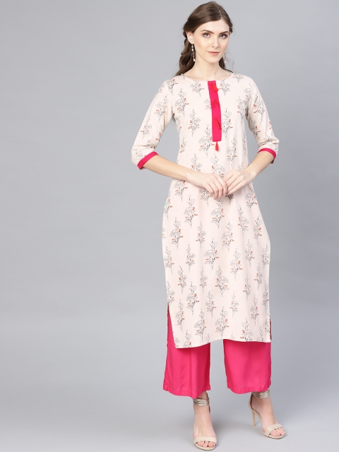 

Myshka Women Beige & Black Floral Printed Straight Kurta