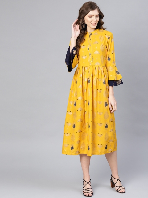 

Myshka Women Mustard Yellow & Golden Printed A-Line Dress