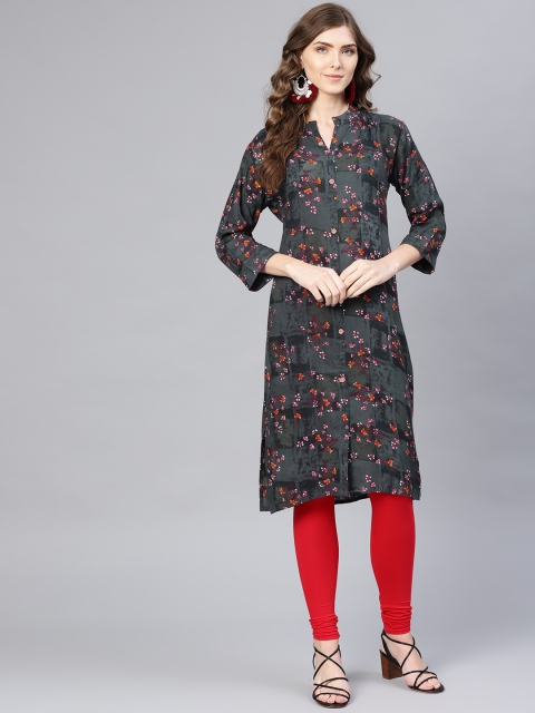

Myshka Women Charcoal & Red Floral Print Straight Kurta