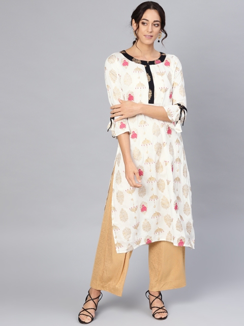 

Myshka Women White & Golden Printed Straight Kurta