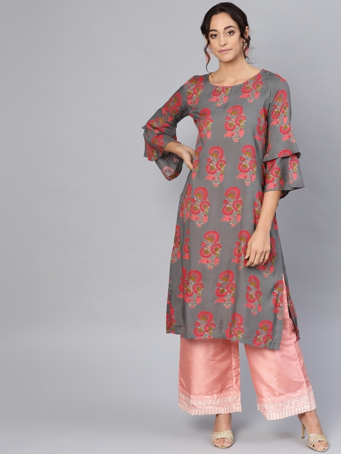 

Myshka Women Grey & Pink Printed Straight Kurta