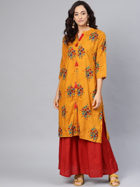 

Myshka Women Mustard & Blue Printed Straight Kurta
