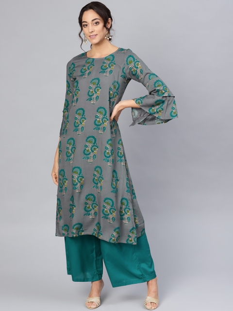

Myshka Women Charcoal Grey & Green Printed Straight Kurta