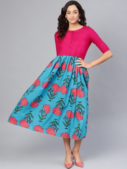 

Myshka Women Pink & Blue Floral Print A-Line Dress