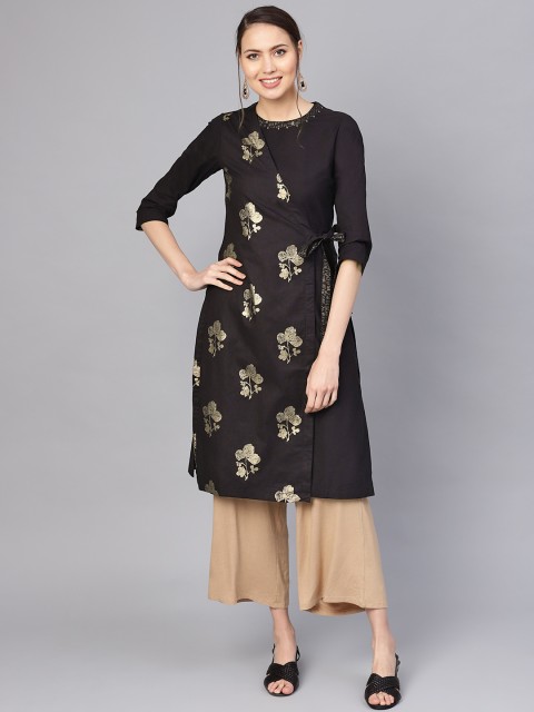 

Biba Women Black & Golden Floral Print Straight Wrap Kurta